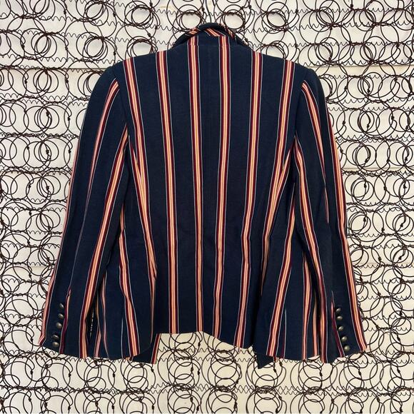 Chicos Striped Twill Ponte navy maroon gold tan stripe blazer Chicos size 0 - Picture 6 of 9